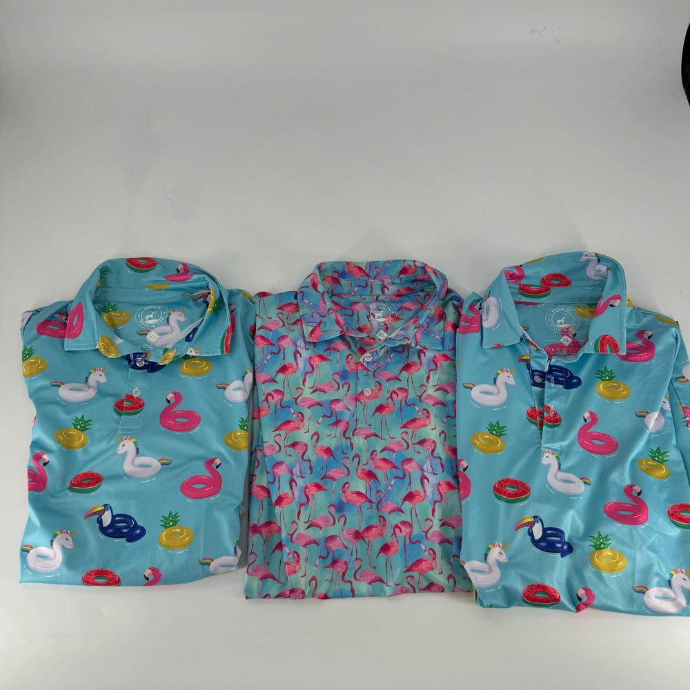 Lot of 3 Proud 90 Golf Polos Mens XL Flamingo Pool Float Unicorn Tropical‎ Blue